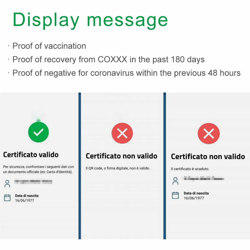 COVID 19デジタルの緑のパスポートのEUの健康コード読者イタリアは緑のパスの走査器を点検した